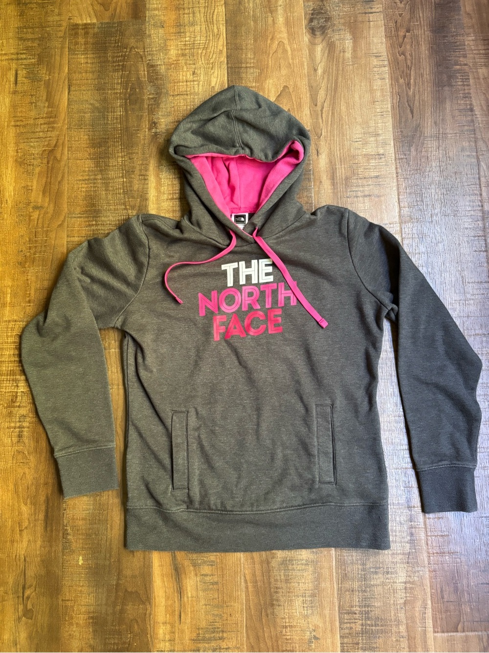 The North Face Gray Hoodie women’s size Medium Pink Logo